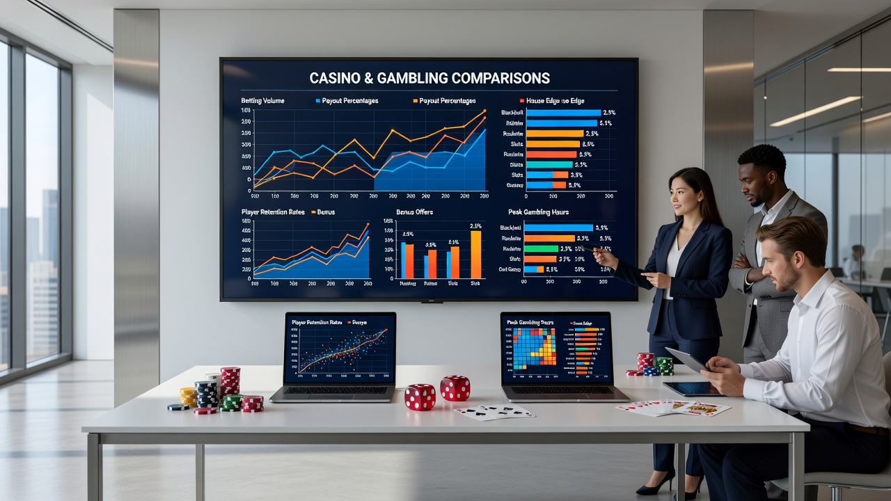 Mobile devices displaying various online casino interfaces and comparison tools
