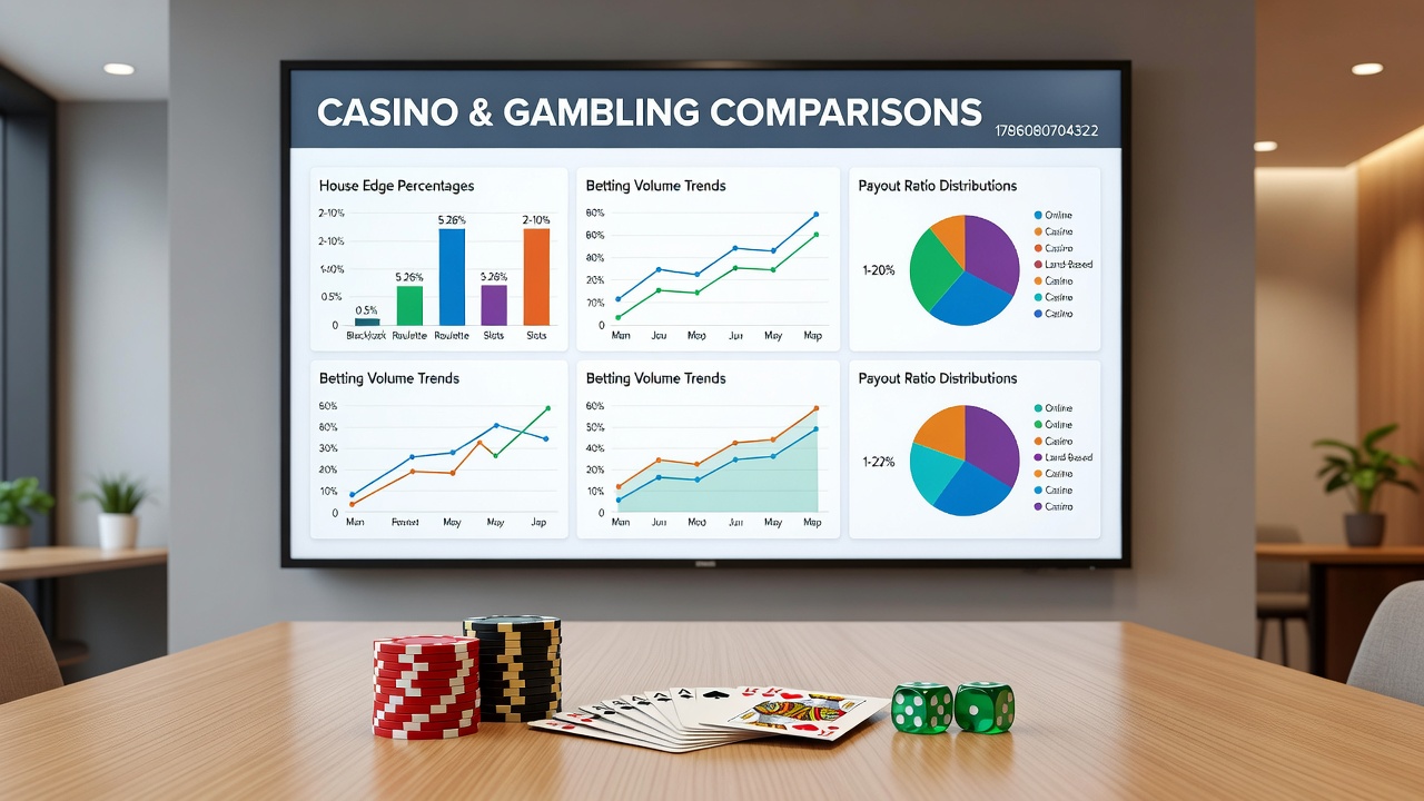 Split view of slot machine banks in a large hall contrasted with digital poker tables on screens
