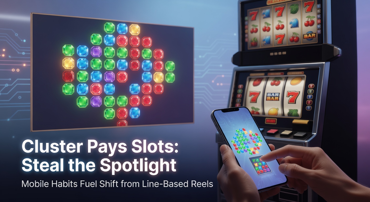 Vibrant cluster pays slot screen showing exploding symbol clusters on a mobile device, highlighting wins without traditional paylines
