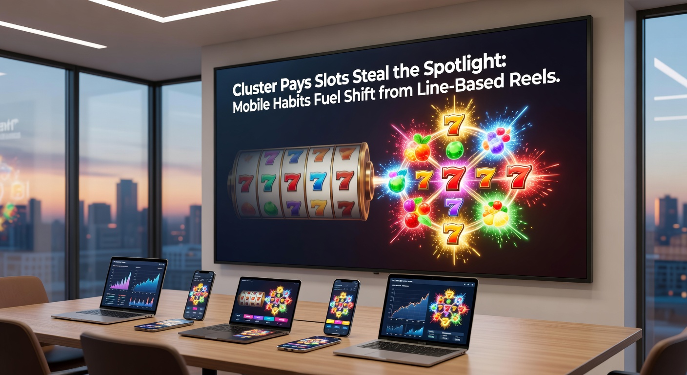 Comparison graphic of traditional payline slot versus modern cluster pays interface on mobile, showing cluster explosions and cascading reels