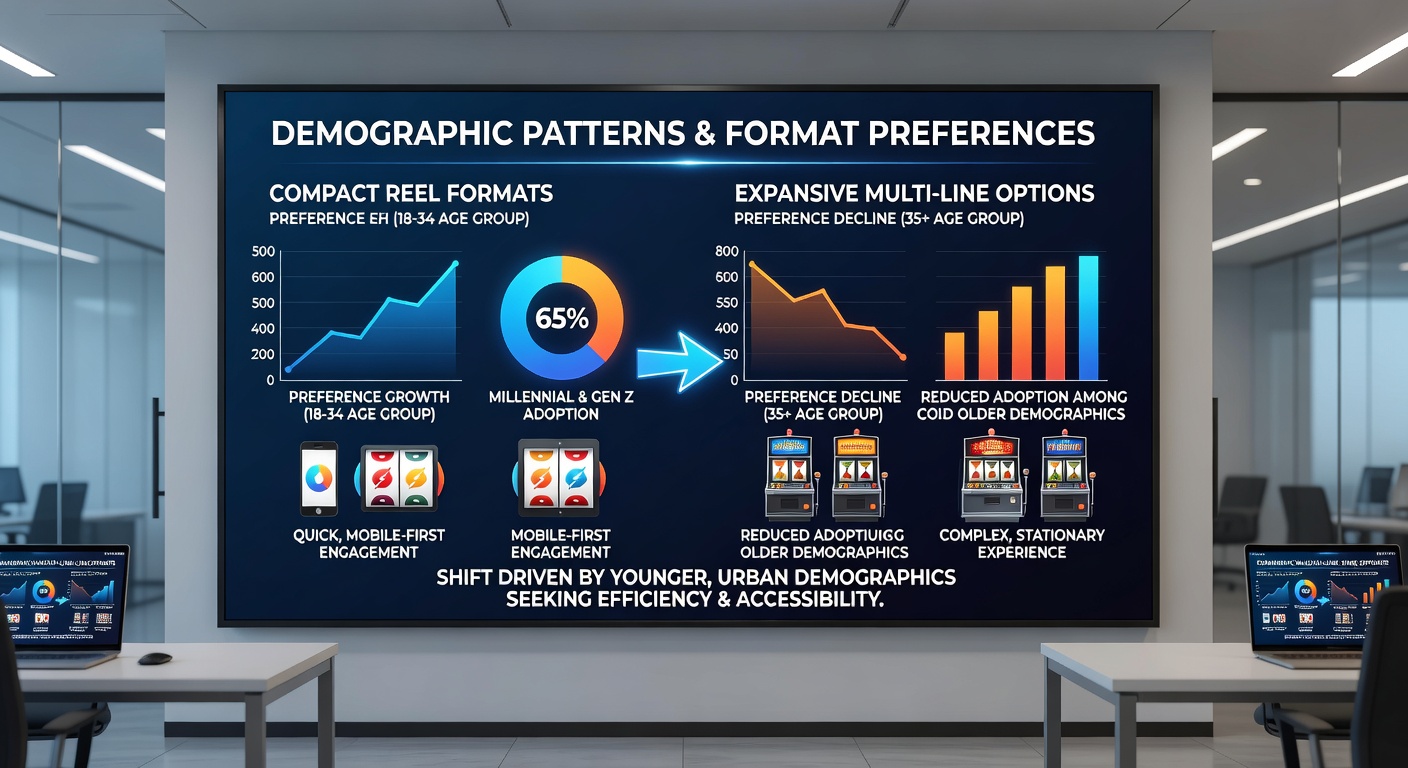 Player demographics comparing compact reel usage versus expansive multi-line slots across different age groups and platforms