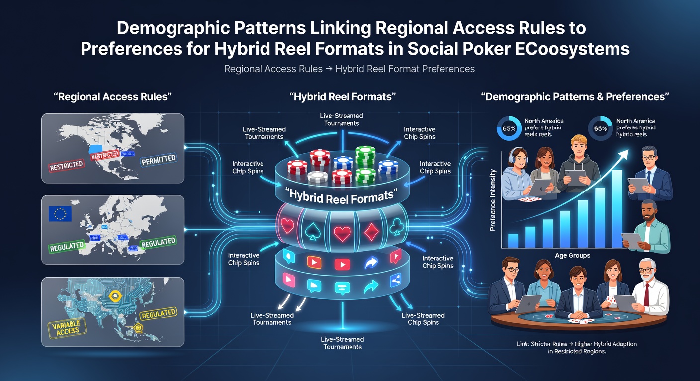 Infographic showing demographic data on regional access rules and hybrid reel preferences in social poker platforms