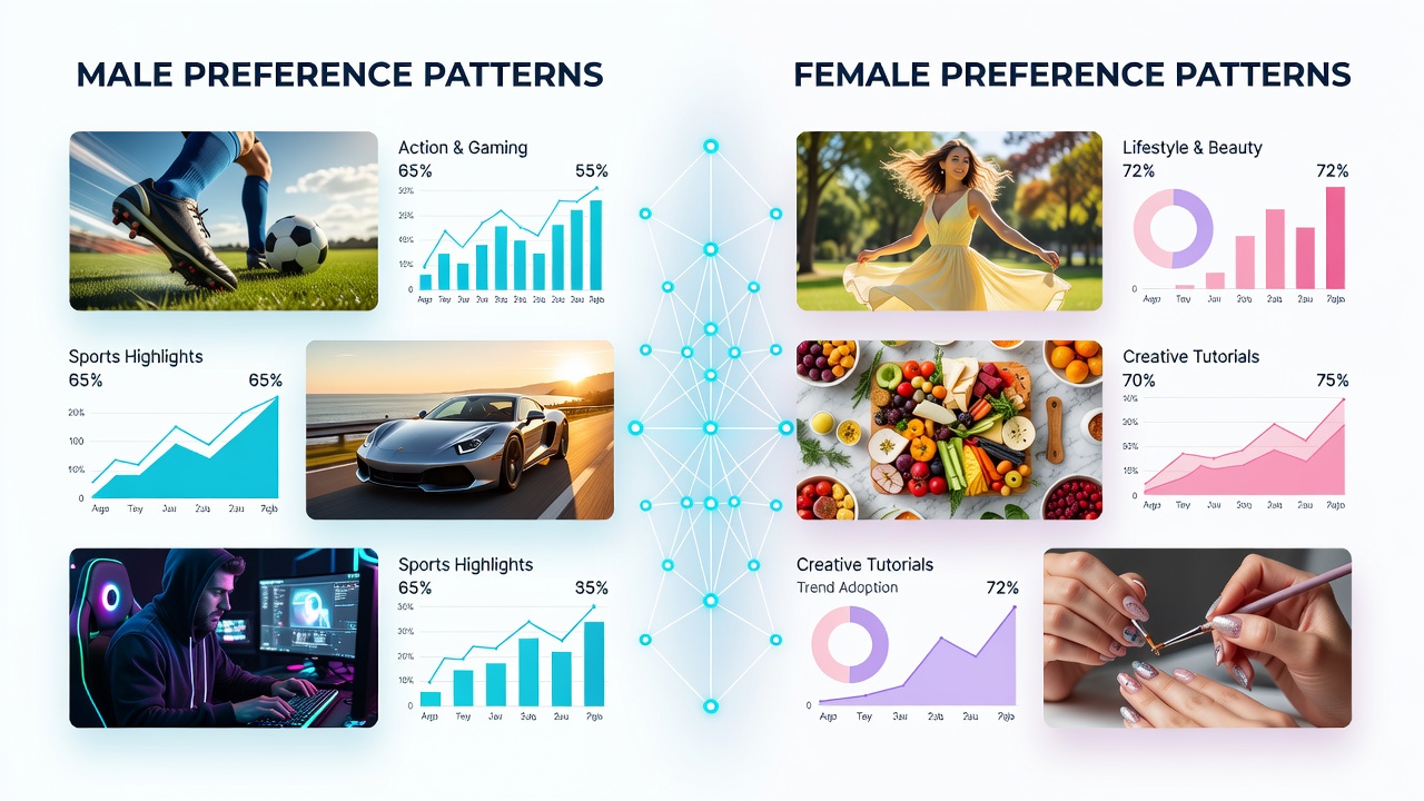 Detailed breakdown of reel topic preferences segmented by gender on major social networks