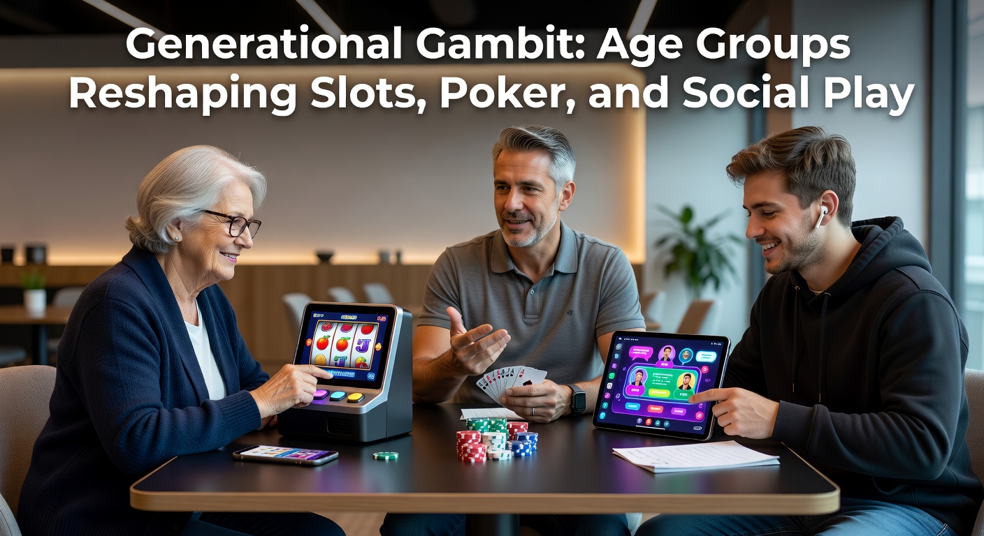 Diverse age groups engaging with slot machines, poker tables, and social casino apps on mobile devices, highlighting generational shifts in gaming preferences