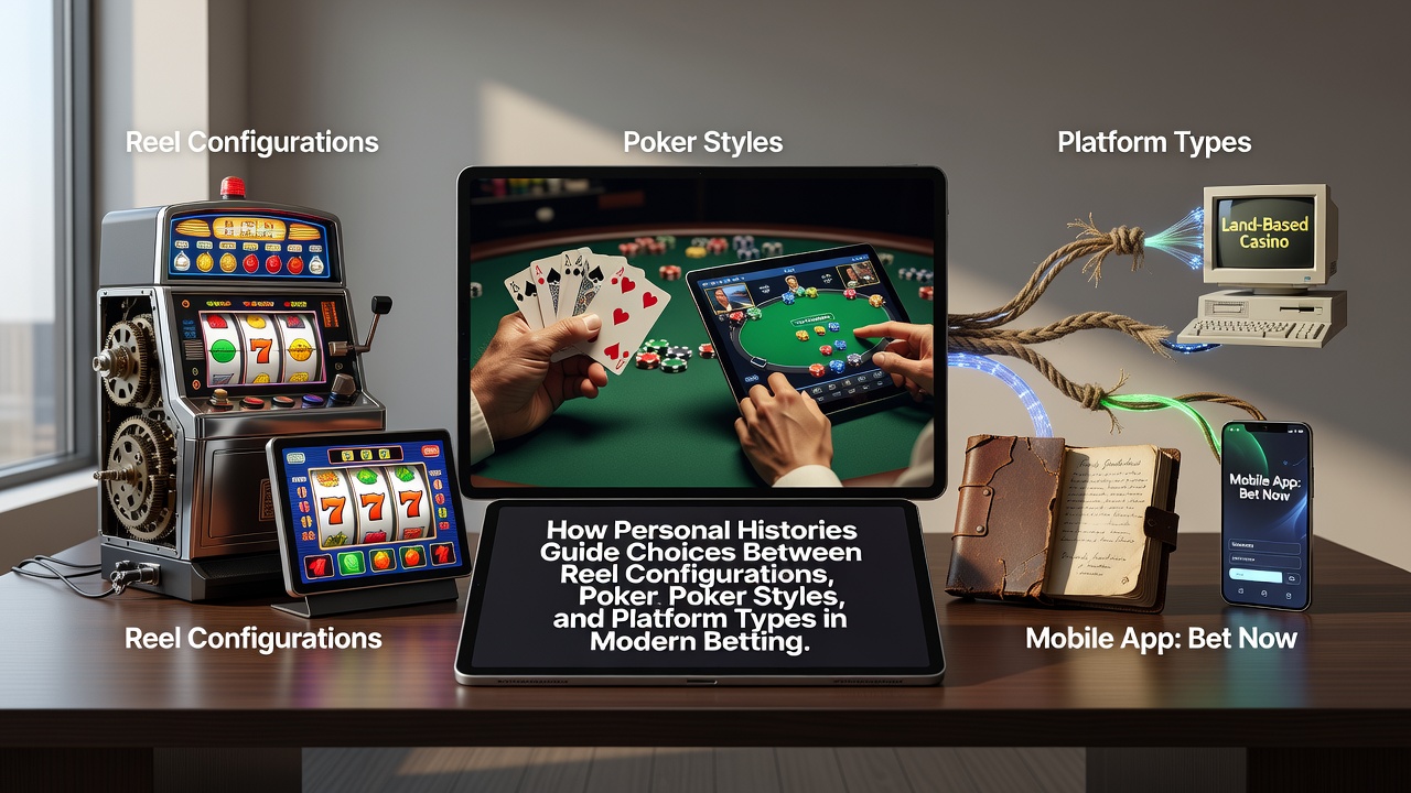 Illustration showing diverse players reflecting on their past experiences while choosing between different slot reel types, poker variants, and betting platforms