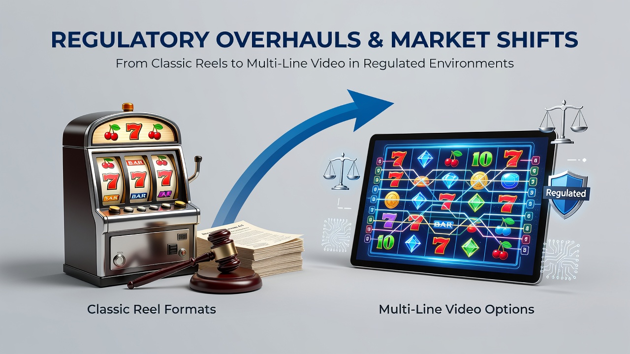 Regulatory documents and slot machine reels side by side illustrating policy impacts on gaming formats