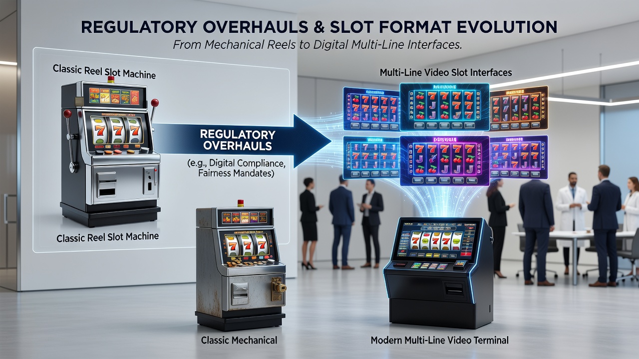 Modern casino floor with both classic reel slots and multi-line video terminals operating side by side