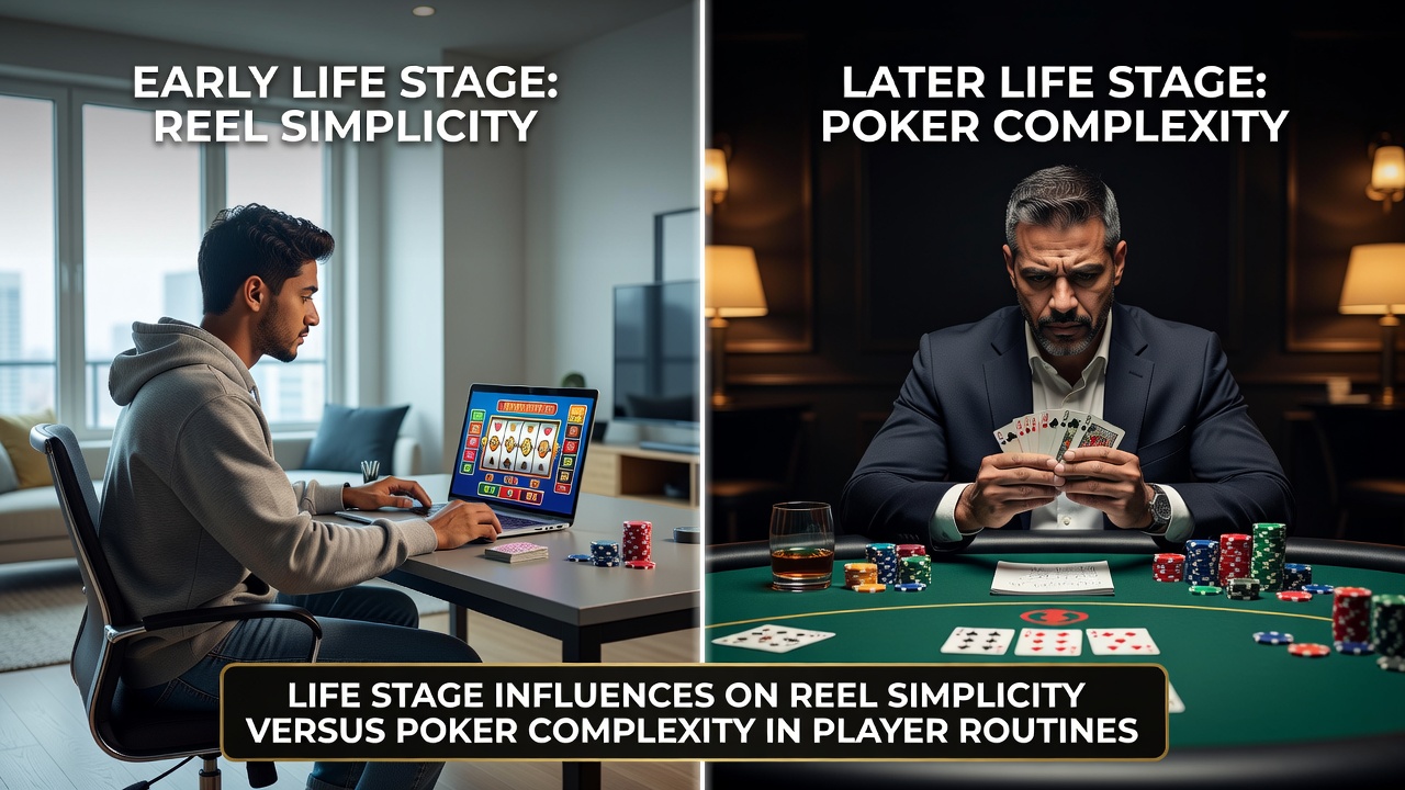 Illustration showing players at different life stages engaging with slot machines and poker tables in varied settings