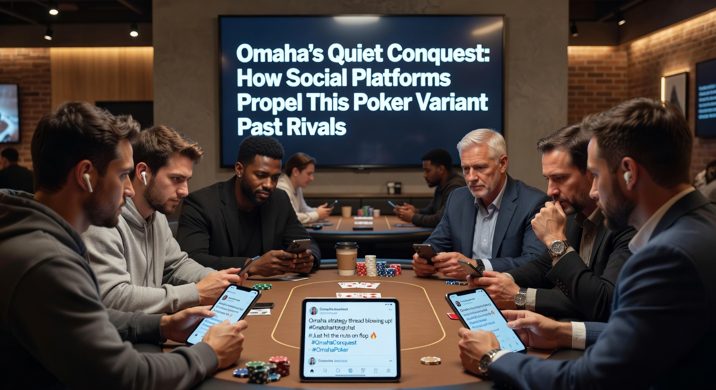 Players engaged in an intense Omaha poker game on a social media app, cards flying across digital tables