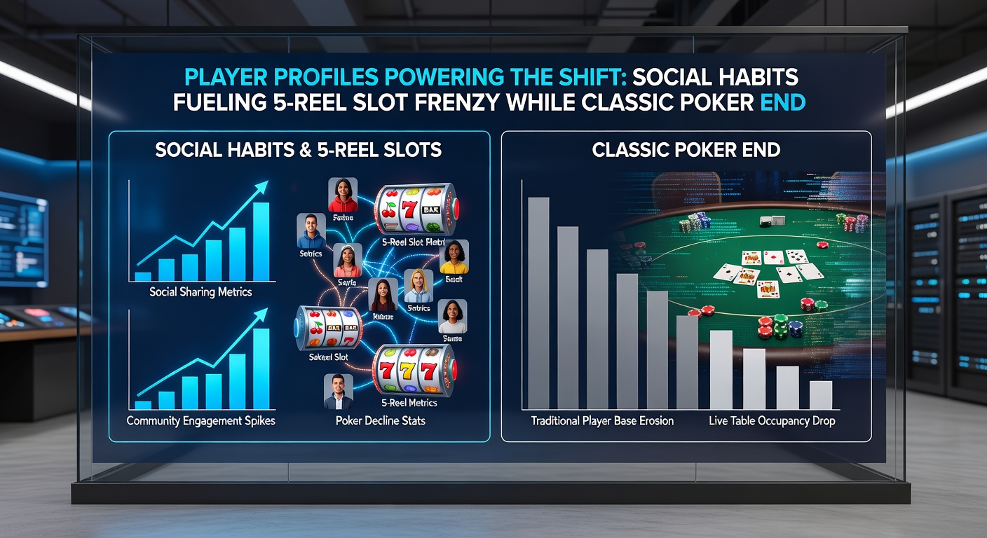 Vibrant 5-reel slot machine display with colorful reels and bonus features, contrasted against a classic poker table setup