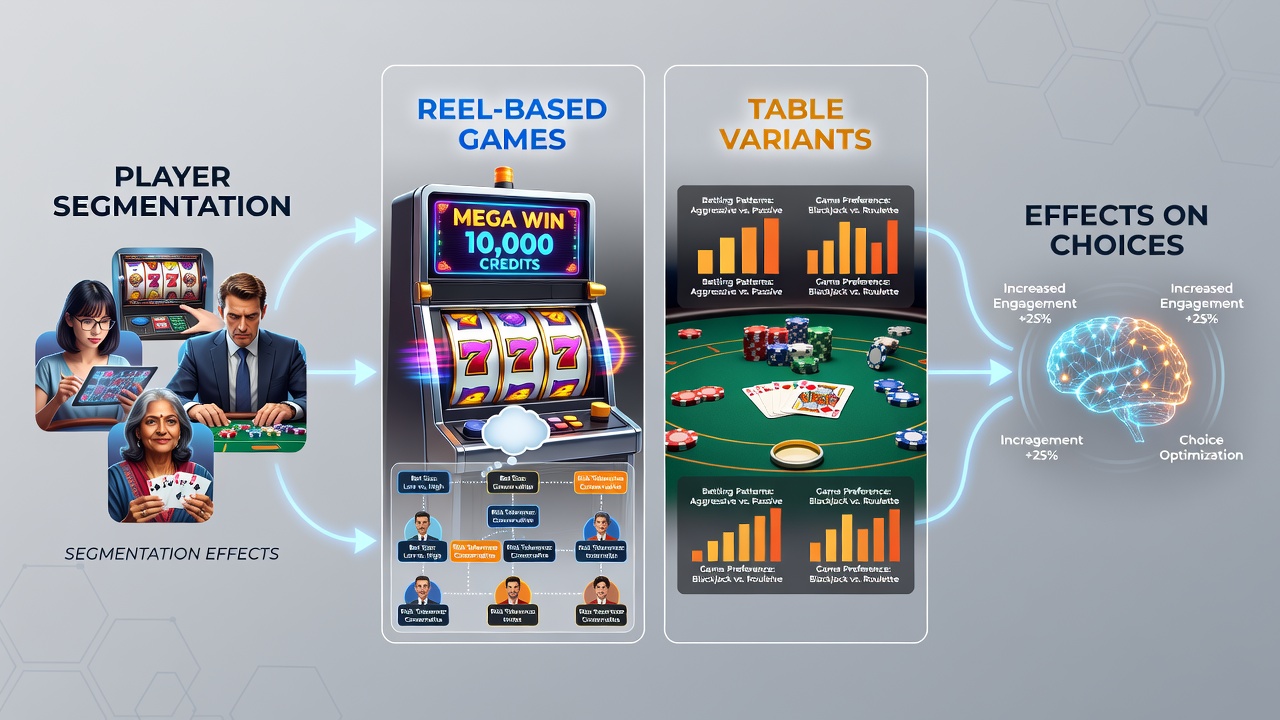 Depiction of segmented players at table game variants including blackjack and roulette with strategic decision points