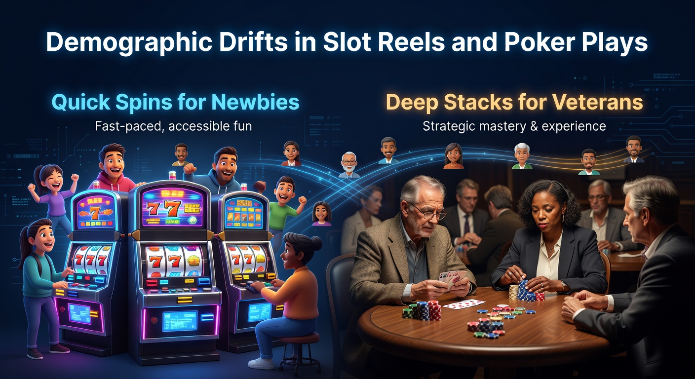 Colorful slot machine reels spinning rapidly next to a poker table with towering chip stacks, illustrating contrasts in player preferences