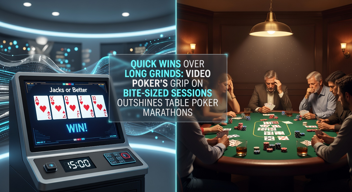 A vibrant video poker screen glowing with royal flush potential, drawing in players for rapid rounds amid a bustling casino floor