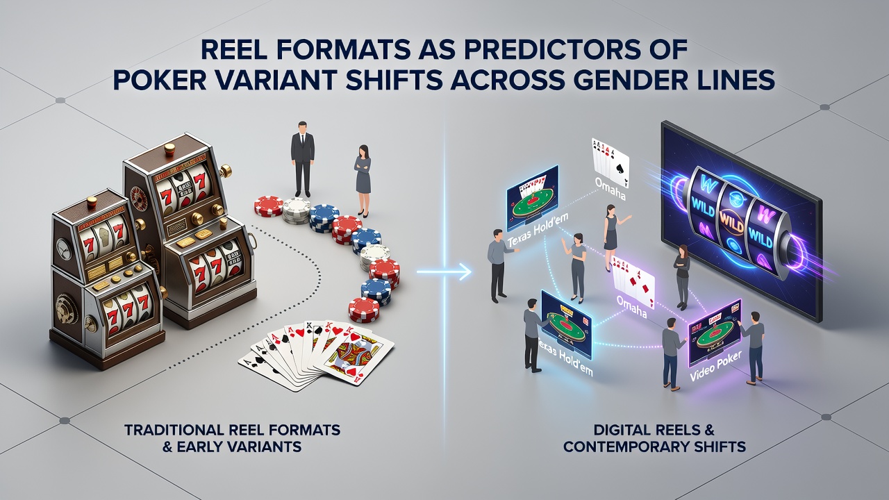 Visual representation of 3-reel and 5-reel slot configurations alongside poker table layouts showing demographic patterns