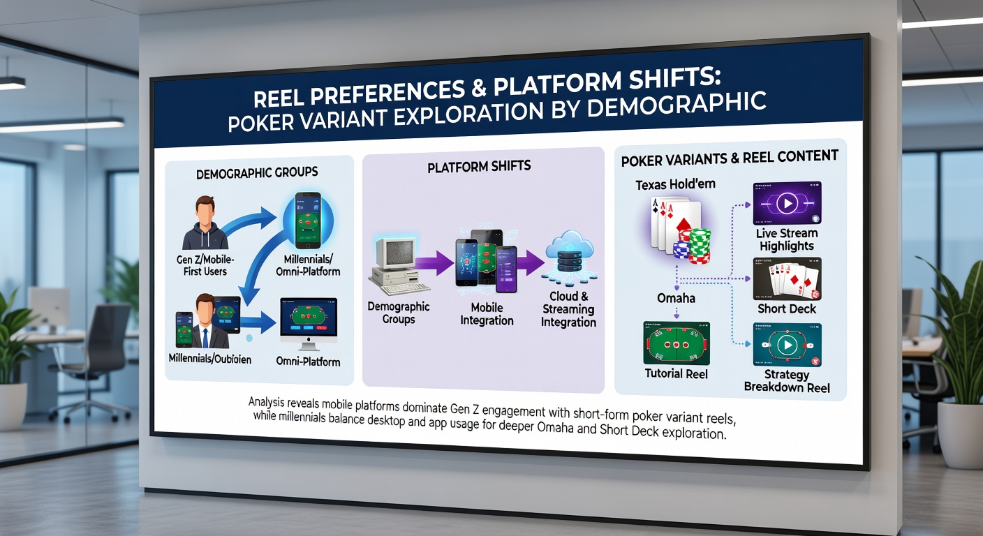 Platform shift visualization showing mobile reel preferences connecting to demographic poker variant explorations