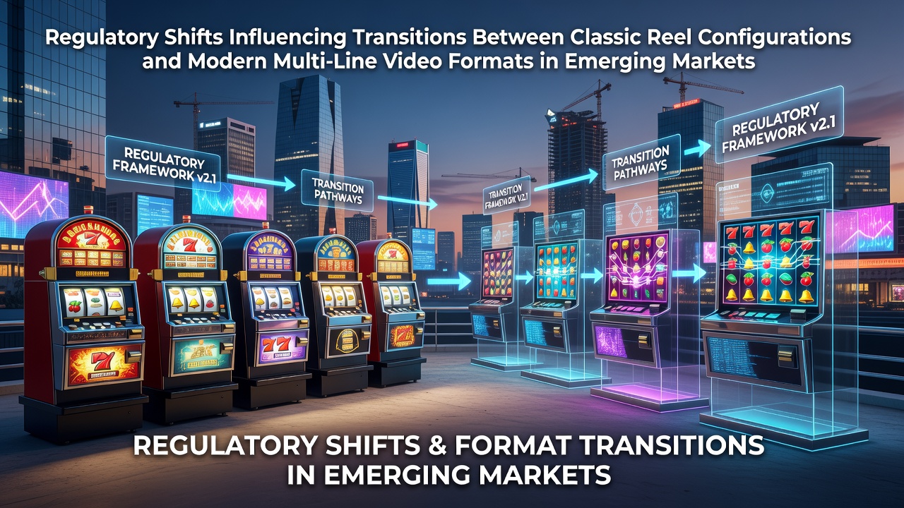 Regulatory documents and slot machine interfaces side by side in an emerging market casino setting