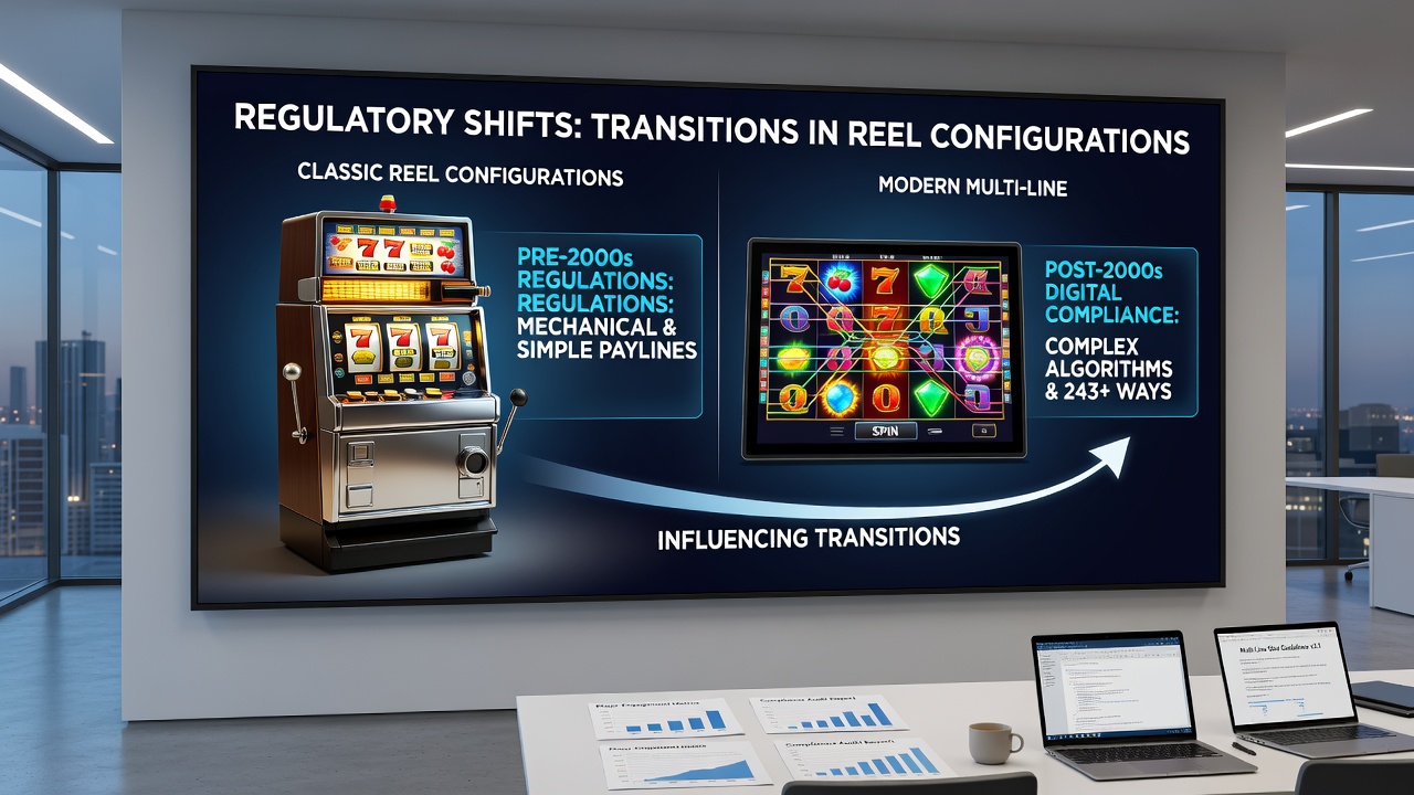 Modern multi-line video slot screens displayed in a regulatory compliance testing facility