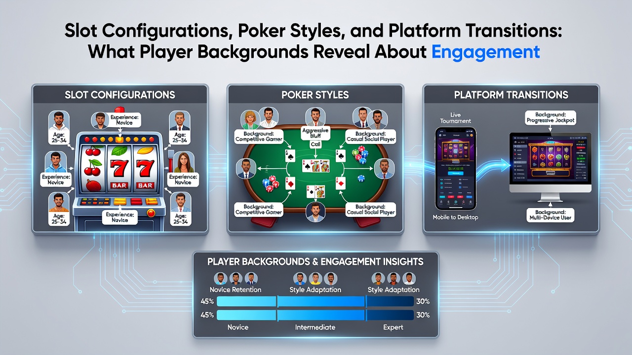 Infographic-style image showing engagement metrics across slot types, poker variants, and platform types segmented by player demographics