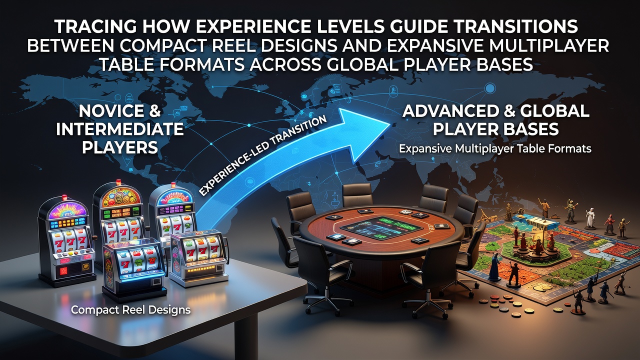 Diagram showing player experience levels transitioning from compact reel slot machines to expansive multiplayer table game formats across different global regions