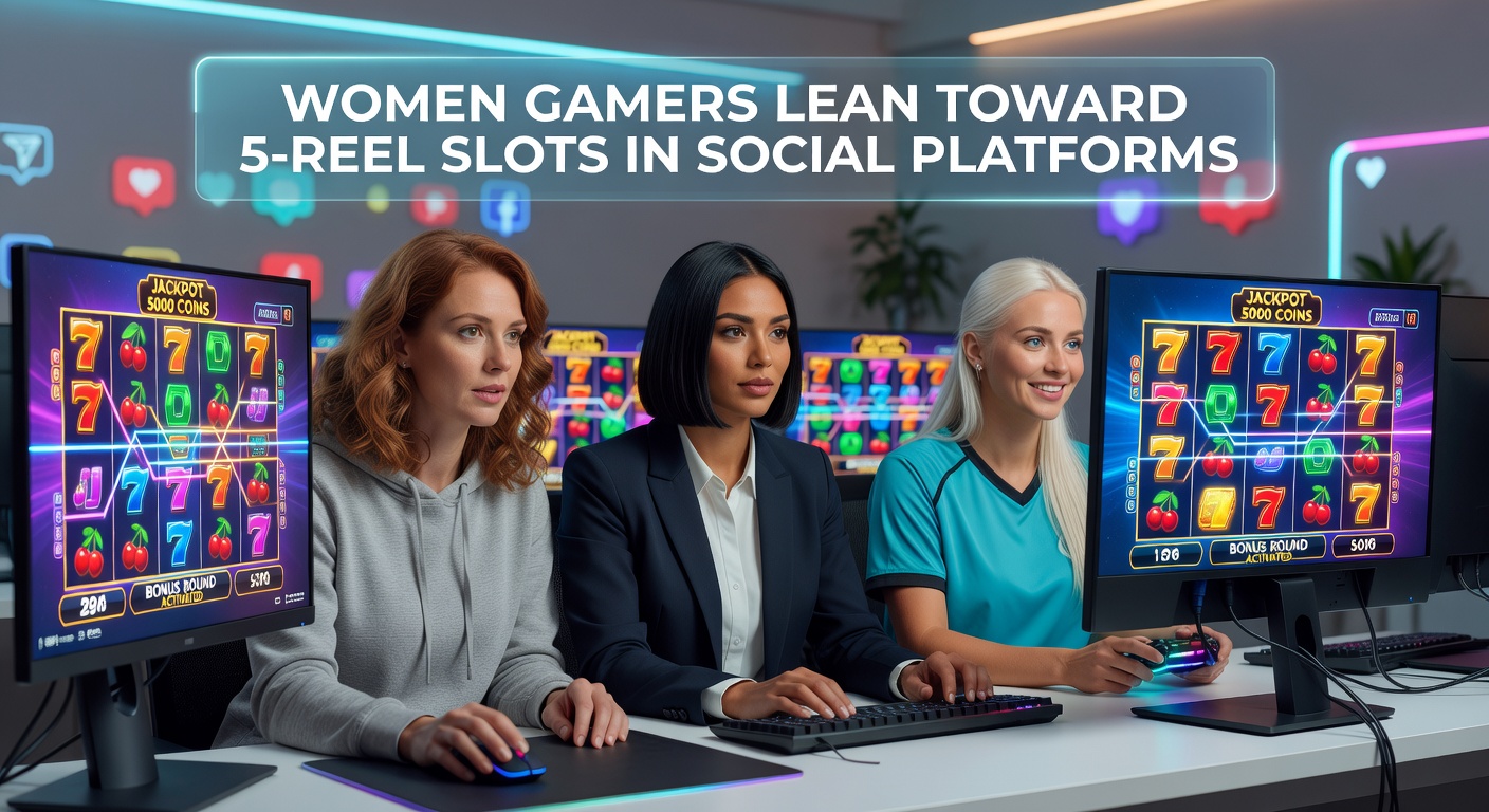 Vibrant 5-reel slot interface on a mobile social app, showcasing colorful reels and engaging bonus features popular among women gamers