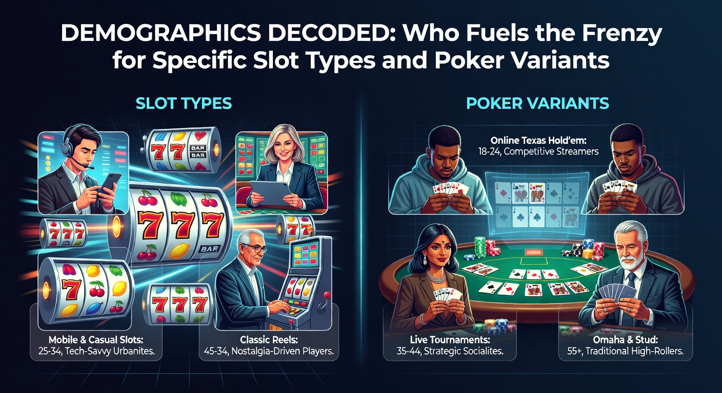 Diverse group of casino players engaged with slot machines and poker tables, representing various age groups and backgrounds